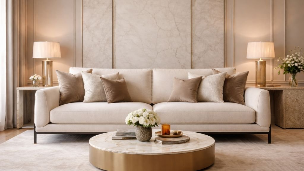 Creamy modern couch in a luxury setting with gold accents