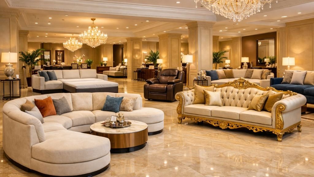 High-end showroom display with a curved beige sectional and a classic tufted couch with gold accents.
