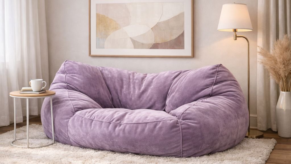 Cozy lavender bean bag sofa in a modern bedroom reading nook.
