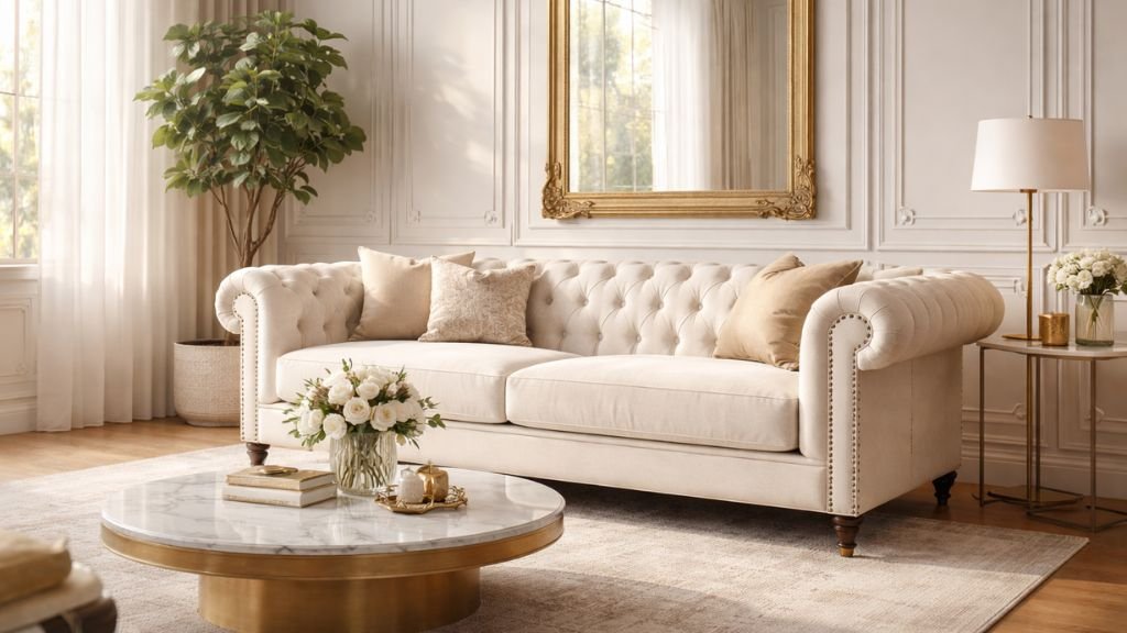Elegant cream velvet tufted couch in a bright, modern interior with a marble coffee table and gold mirror.