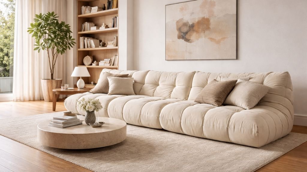 Minimalist round coffee table with fresh flowers on a soft beige area rug