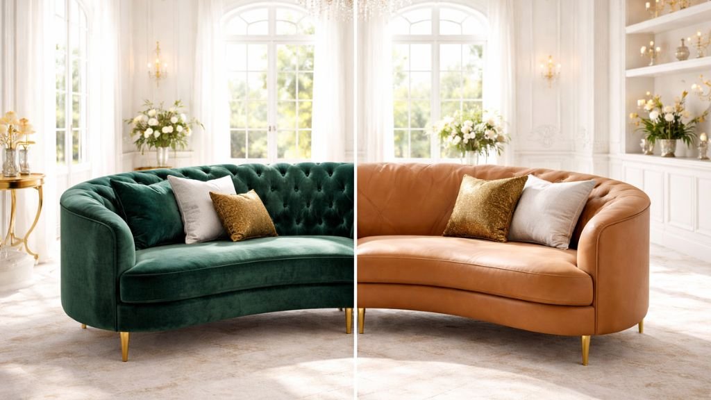 Comparison of emerald green velvet tufted curved sofa and tan leather curved sofa
