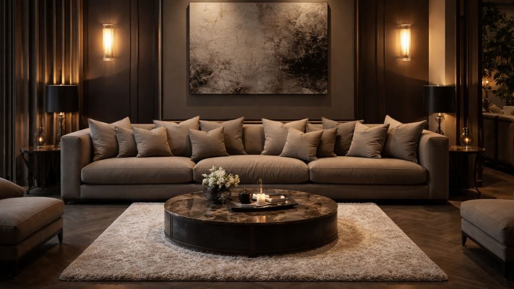 Dark taupe beige sofa in a luxury living room with moody lighting