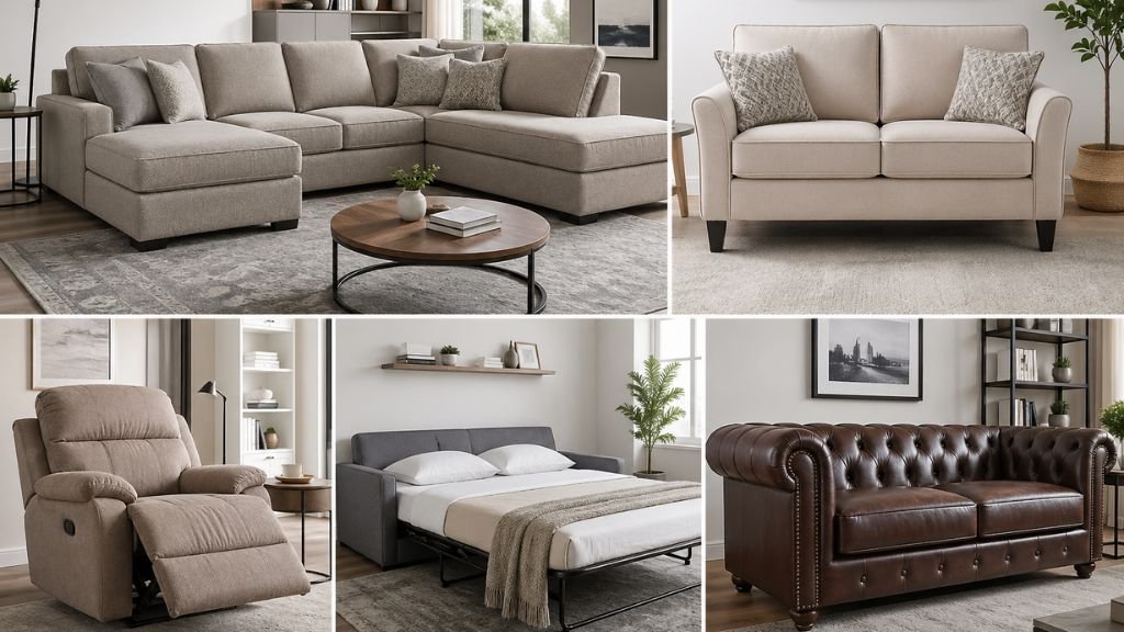 Comparison of sectional, loveseat, recliner, and chesterfield seating styles.