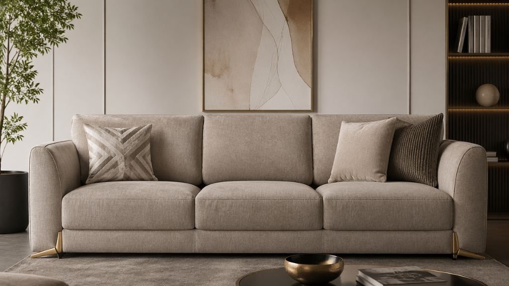 Minimalist 3-seater beige sofa with elegant gold-tipped legs in a neutral living room.