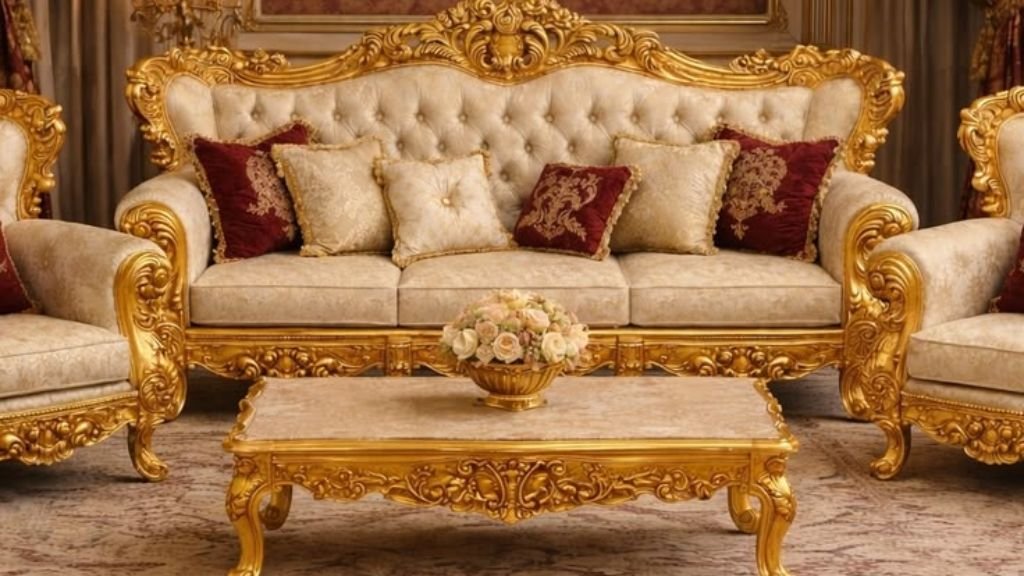 High-quality hand-carved golden wooden sofa set for luxury durability