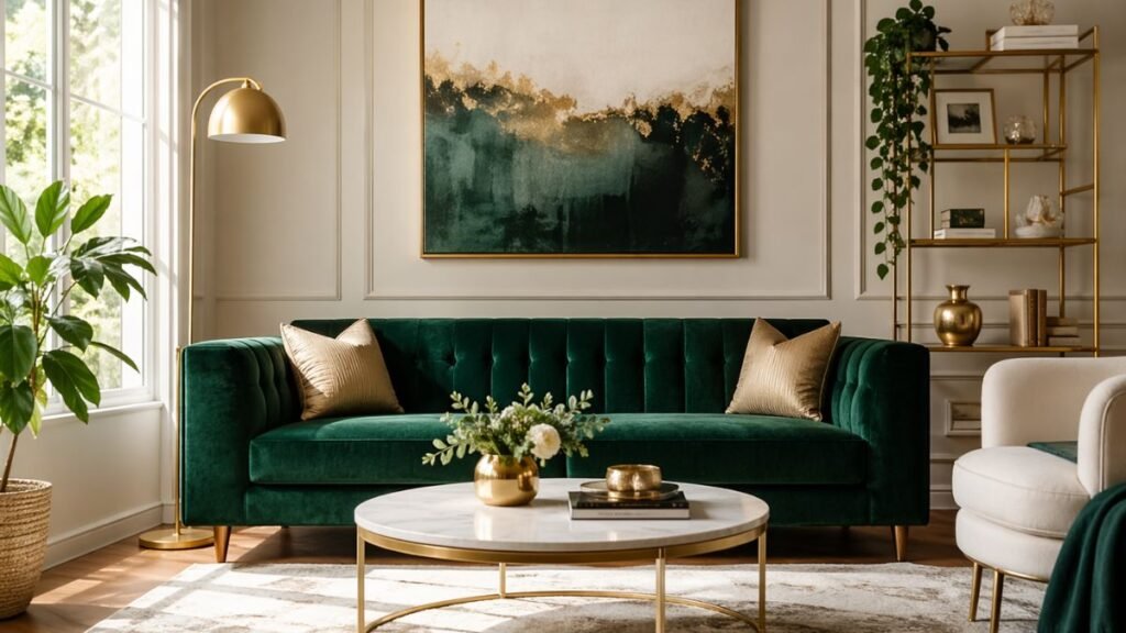 Luxurious emerald green velvet sofa in a modern living room with gold accents