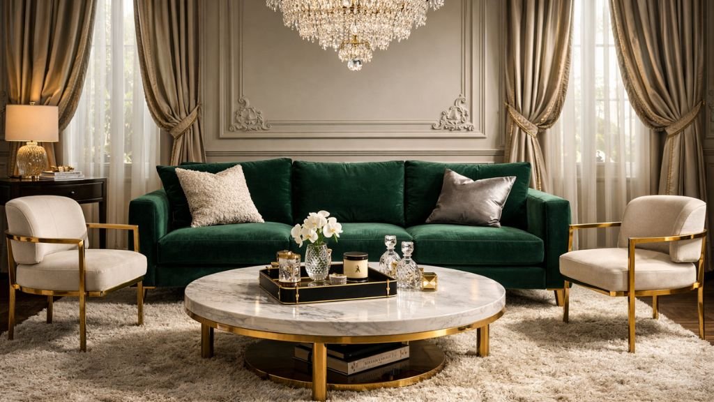 Luxury emerald green three-seater sofa with gold chairs and a crystal chandelier in a grand room.