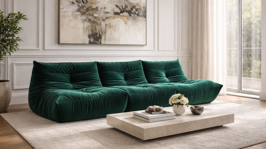 Luxurious emerald green curtains in a high-end modern living room decor
