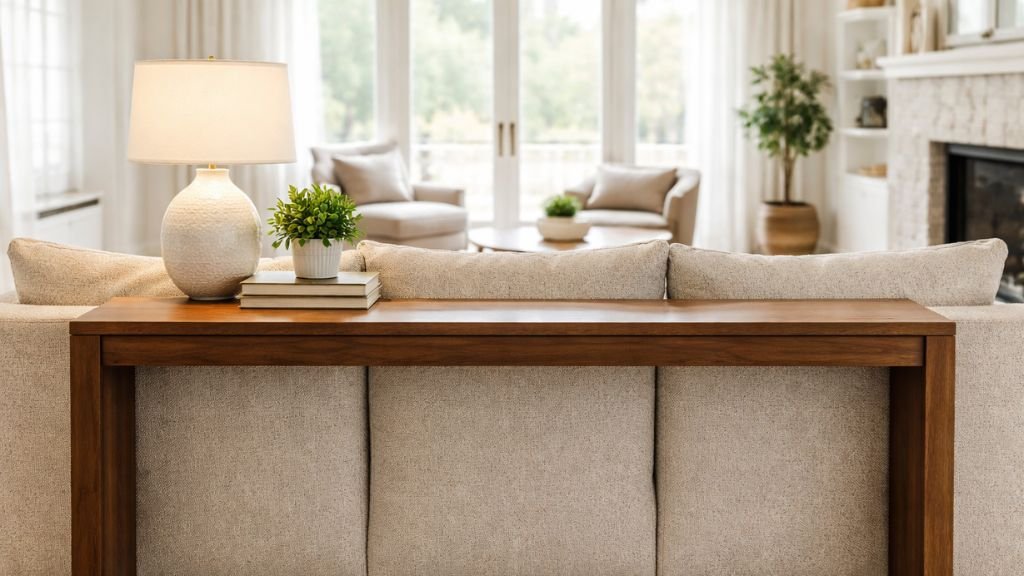Warm living room lighting setup with a decorative lamp and greenery behind a soft fabric couch
