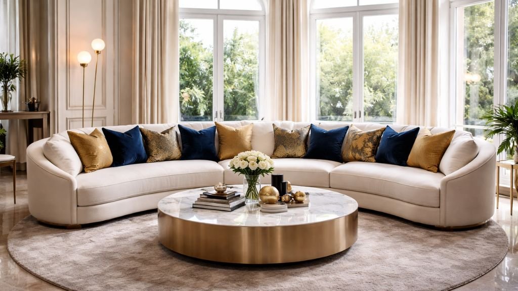Professionally styled cream rounded seating with round marble coffee table and circular rug