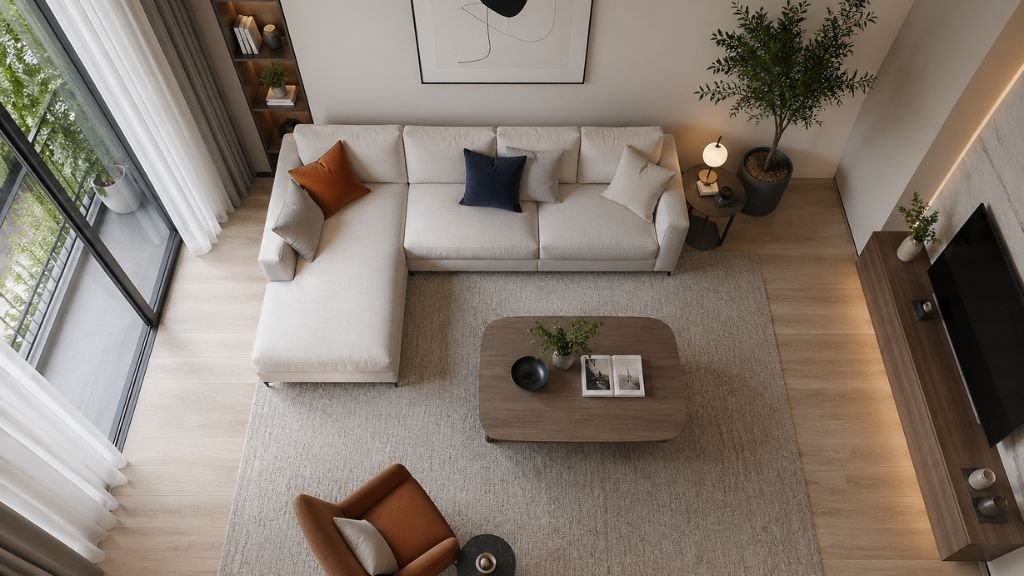 A top view of a minimalist living room showing perfect sofa placement and space management.