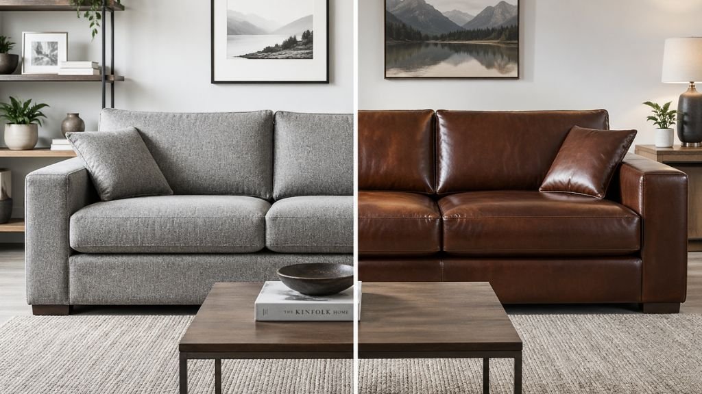 Side-by-side comparison of a soft fabric sofa and a sleek leather sofa.