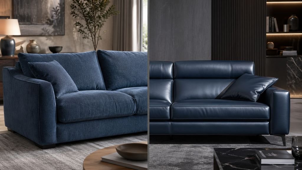 Side-by-side comparison of textured fabric and smooth leather upholstery