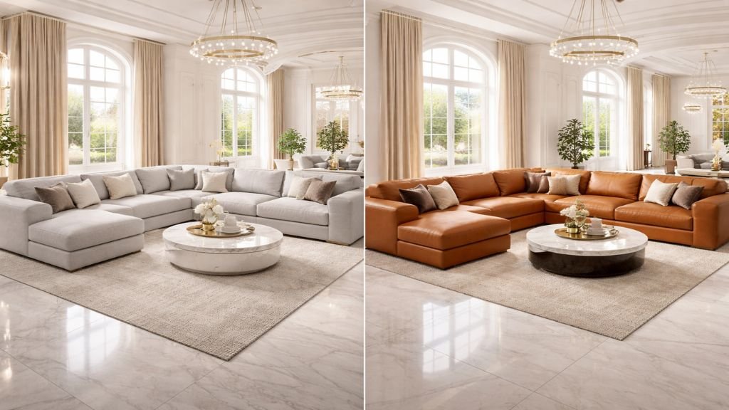 Comparison of grey fabric and tan leather furniture materials