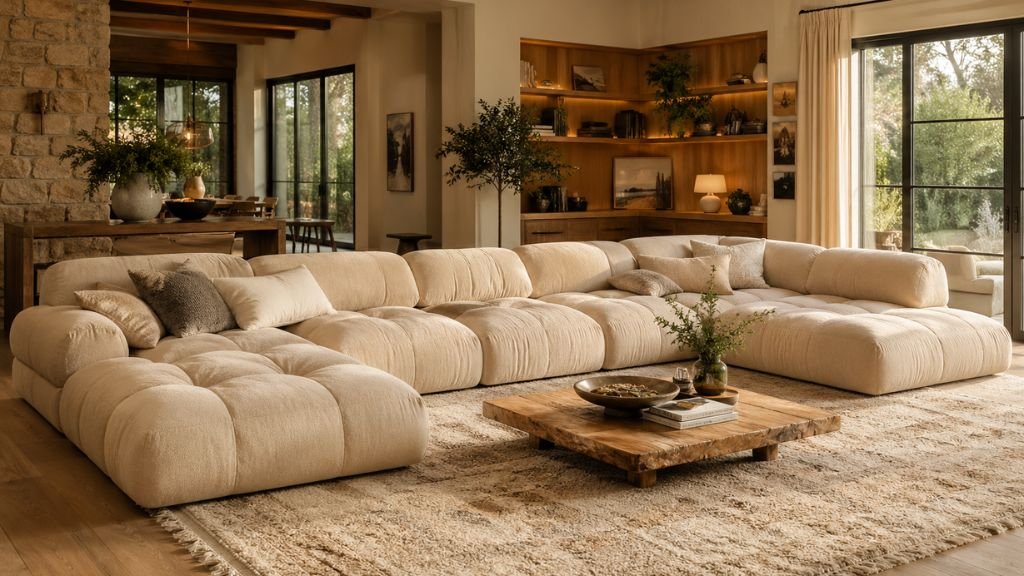  Spacious warm beige sectional in a cozy sun-lit family living room.