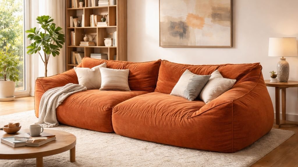 Burnt orange bean bag sofa in a cozy and modern family living room.