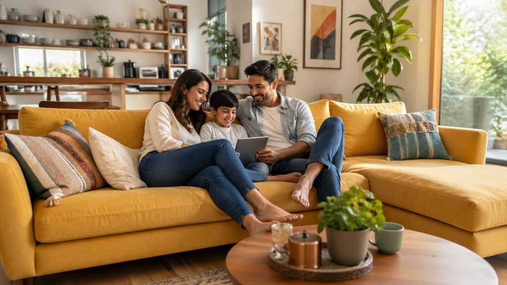A happy family sitting together on a comfortable yellow fabric sofa in a modern home.
