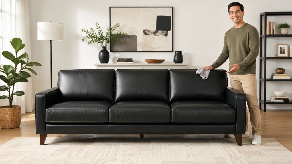 Full view of a black leather sofa with a person showing maintenance tips