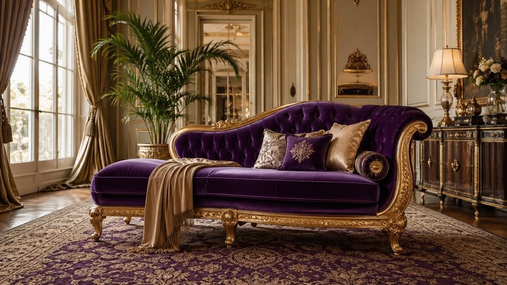 Full-view luxury royal purple chaise lounge with professional styling