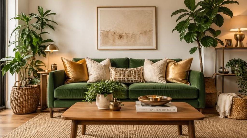 Styling ideas for a green sofa with gold pillows, a soft rug, and indoor plants
