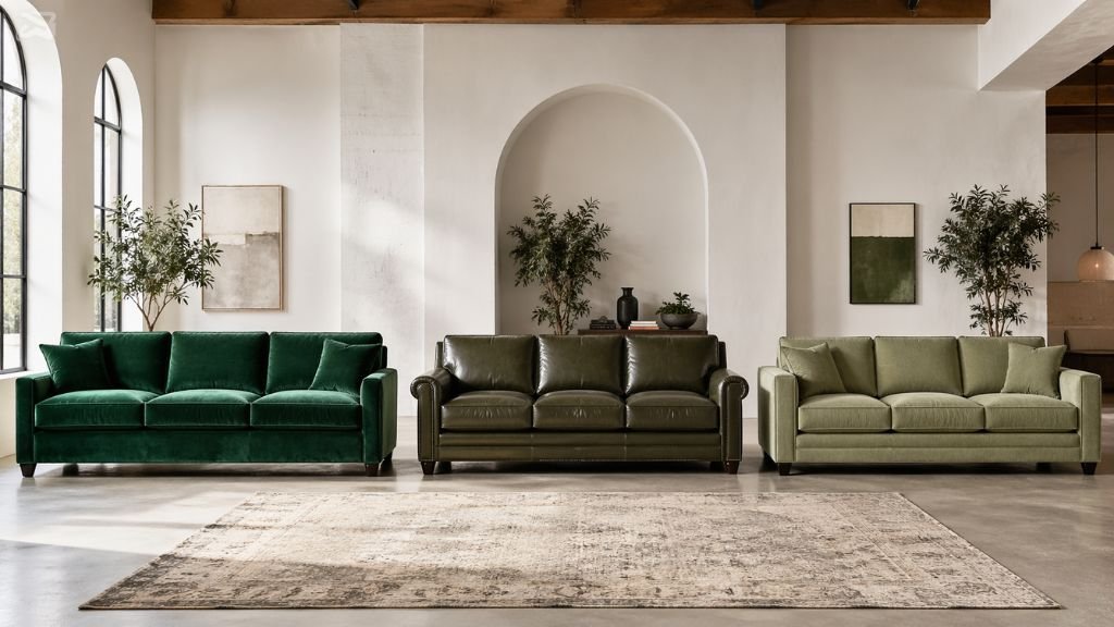 Three types of green sofas: emerald velvet, olive leather, and sage fabric in a modern room