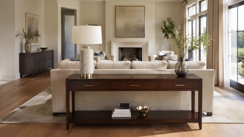 A stylish sofa table creating visual balance and adding depth behind a luxury sofa in a modern living room."
