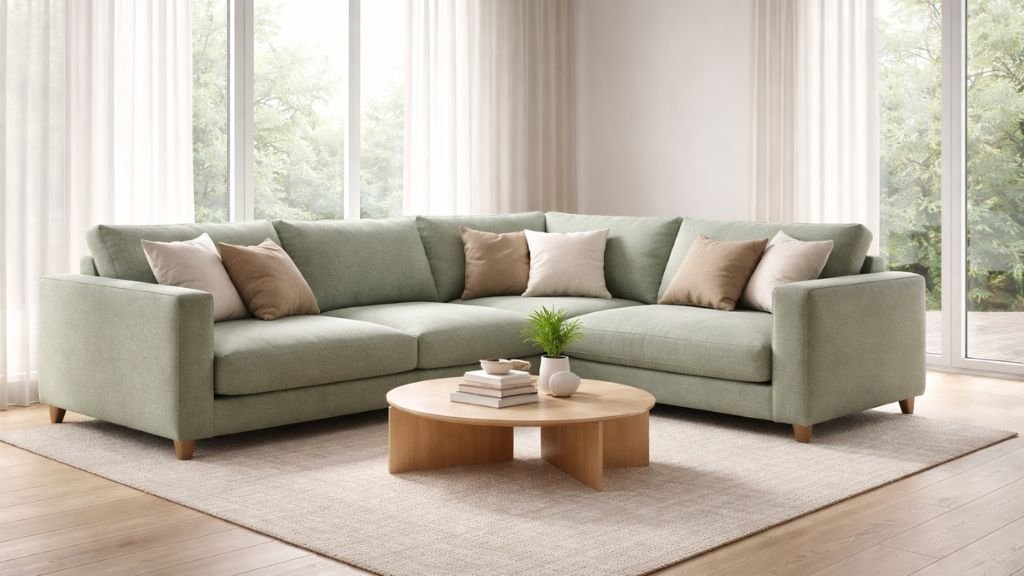 Modern sage green corner sofa in a well-organized living room interior