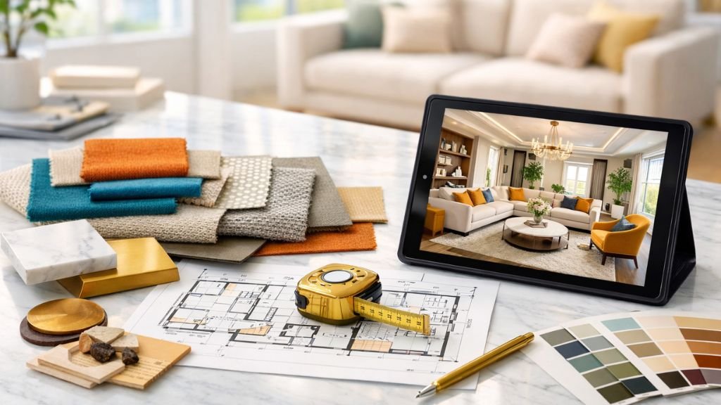 Tablet displaying a 3D living room layout next to fabric swatches, marble samples, and a measuring tape on a workspace.
