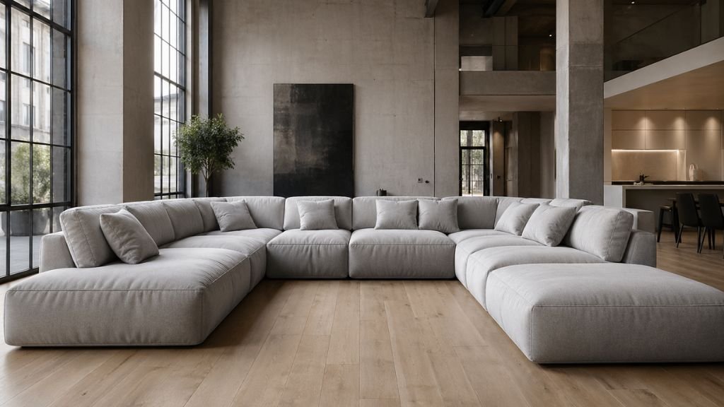 Full view of a light grey luxury cloud sofa in a modern minimalist loft apartment.