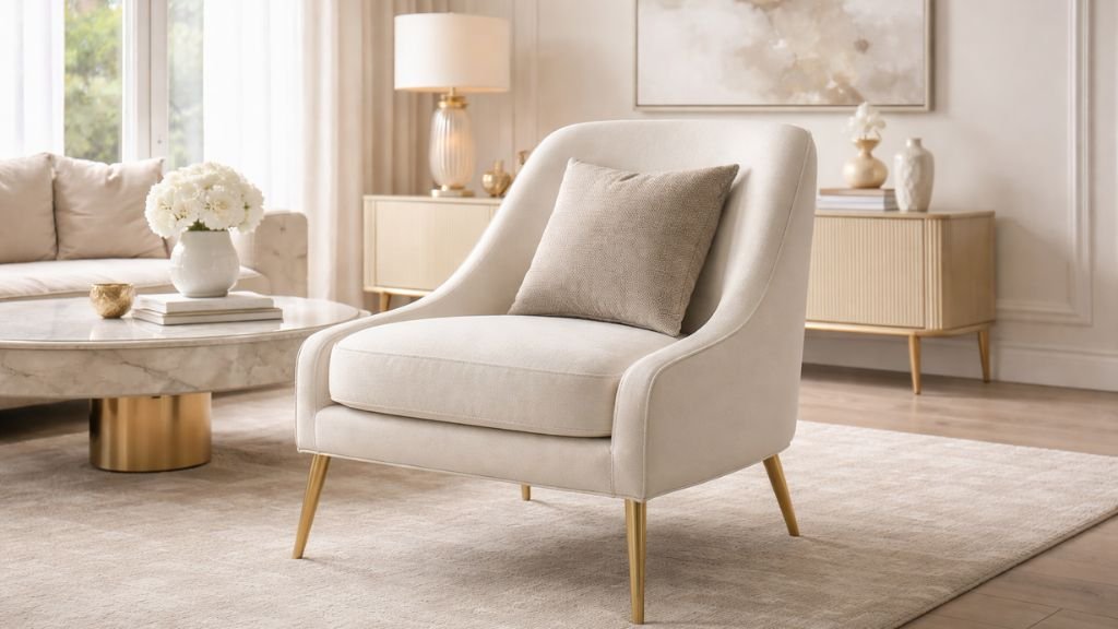 Elegant neutral cream luxury sofa chair in a modern interior setting