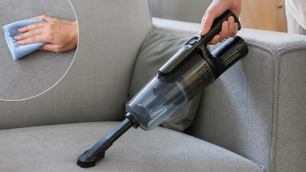 Handheld vacuum and cloth being used for furniture deep cleaning.