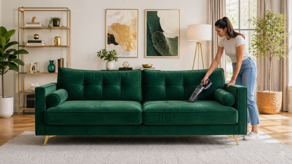 Person vacuuming and maintaining furniture
