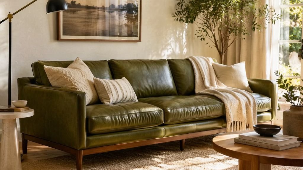 Styled leather sofa with cushions, throw blanket, and a rug in a bright room