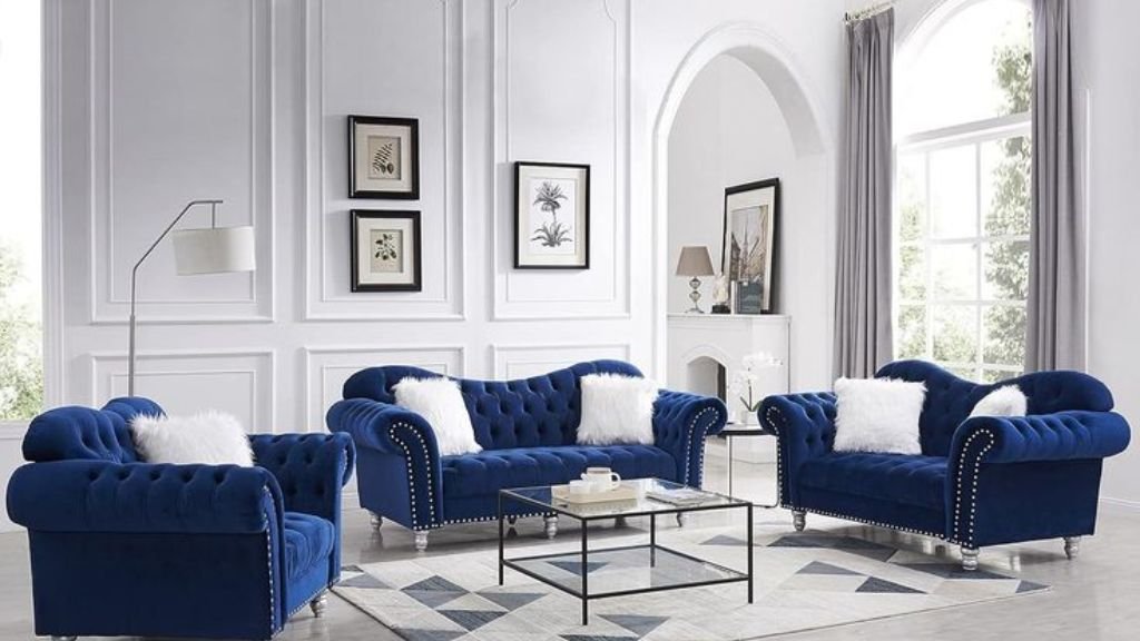 Full 3-piece blue furniture set styled in a bright modern living room.