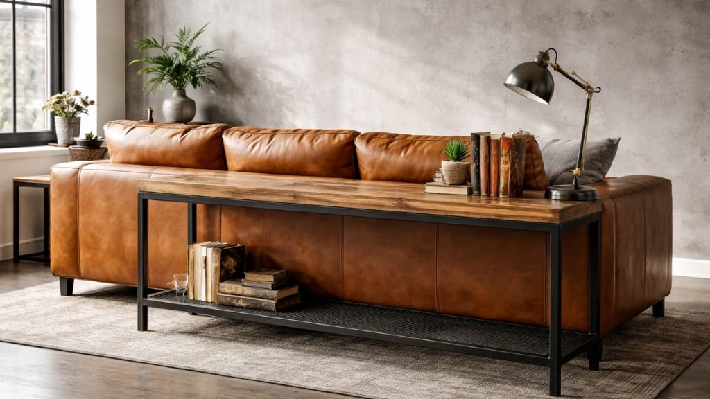 "A professional industrial-style wooden sofa table with a metal frame placed behind a rich tan leather sofa in a modern loft."
