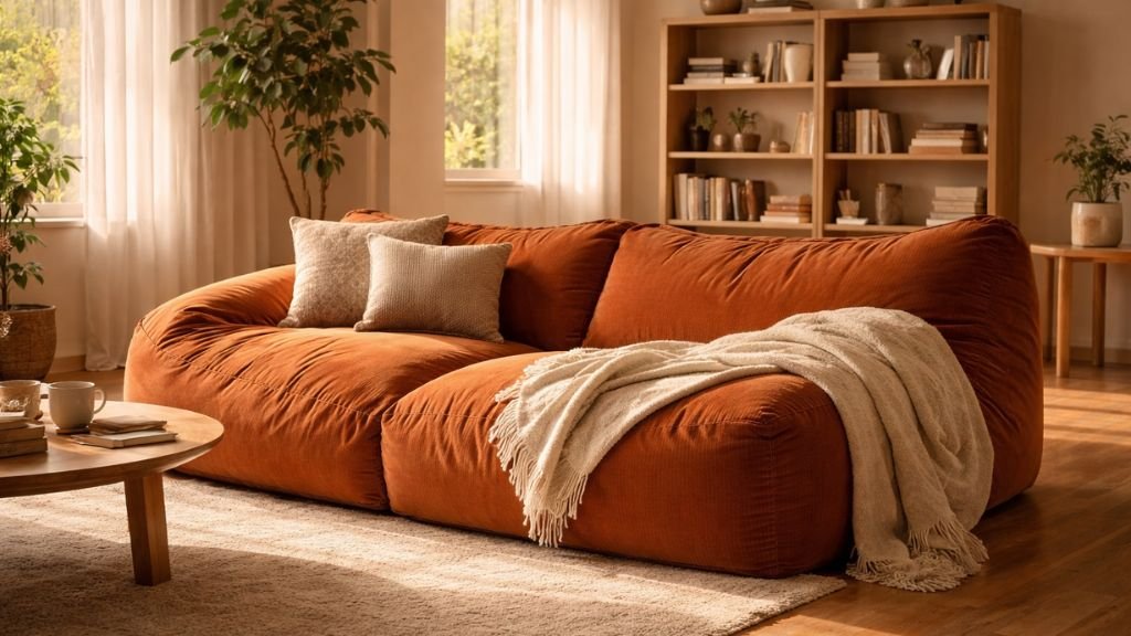 Warm and inviting oversized rust-colored floor lounger in a sunlit modern home