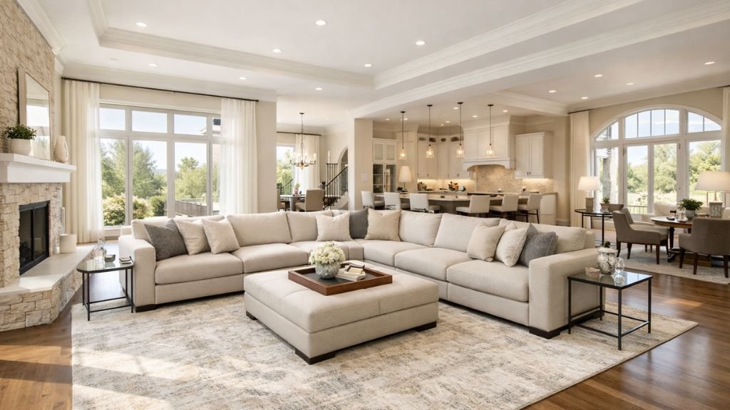 Modern U-shaped sofa in a large open-plan living room with a rug and fireplace