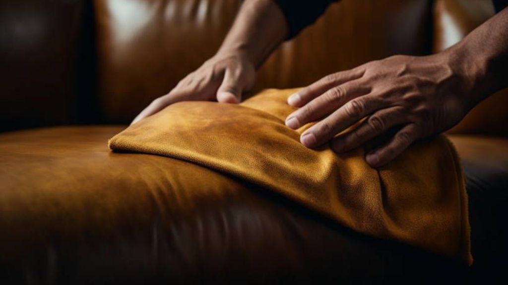 Close-up of a person cleaning and conditioning a brown leather Chesterfield sofa with a soft microfiber cloth.
