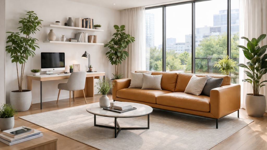 Contemporary multi-functional living space featuring a workspace with a desk and a stylish tan couch near large windows