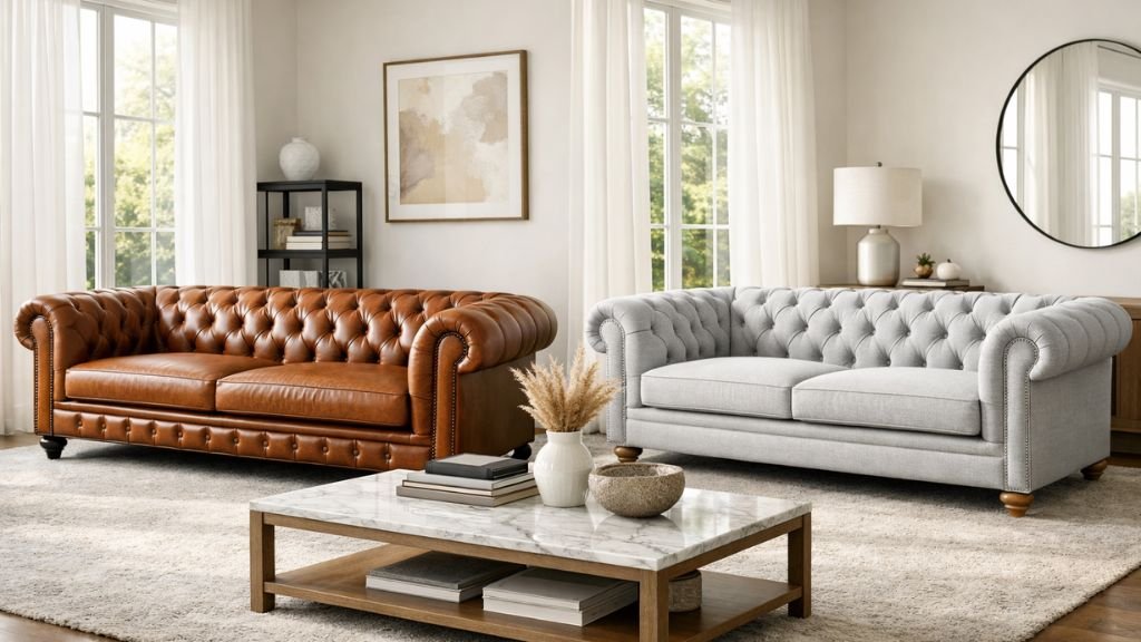 Comparison of tan leather and grey fabric upholstery on classic tufted couches in a bright lounge.