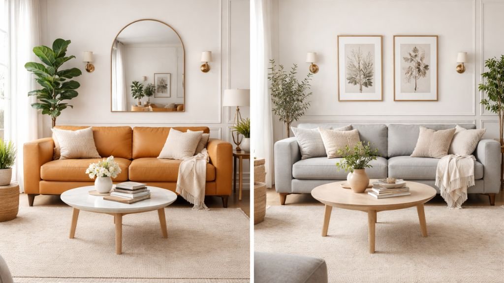 Visual comparison of smooth tan upholstery versus soft grey textile seating in a minimalist interior setup