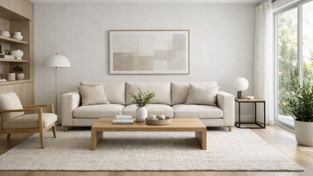 Spacious modern living room layout showing perfect furniture placement and clear walking paths.