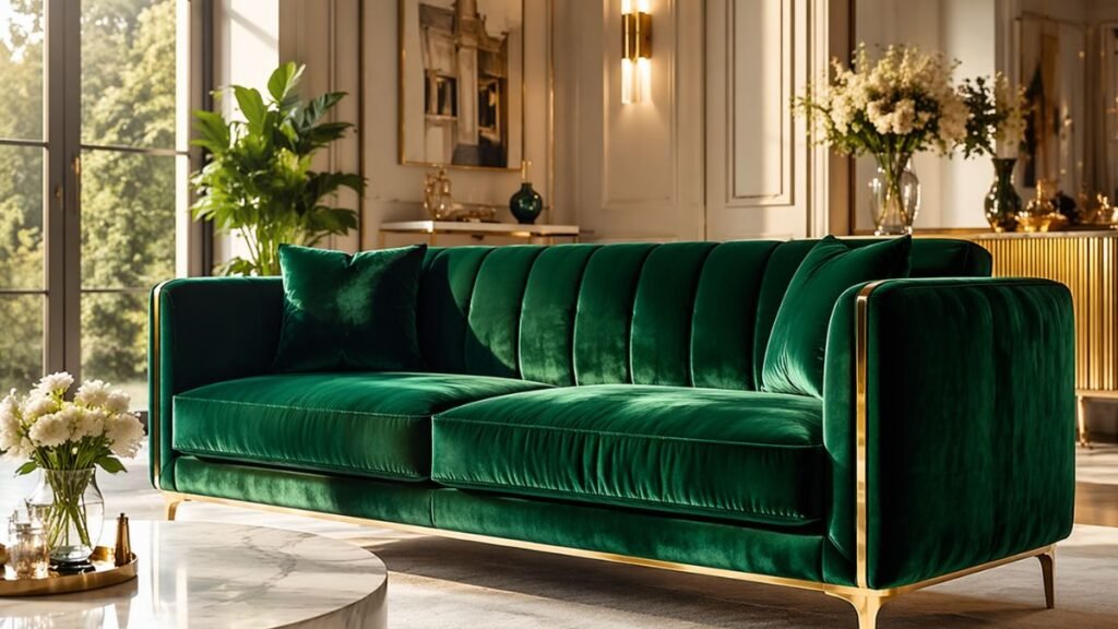 Luxurious emerald green velvet sofa with gold accents in a modern living room