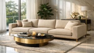 Luxury beige fabric sofa in a modern minimalist living room with gold accents