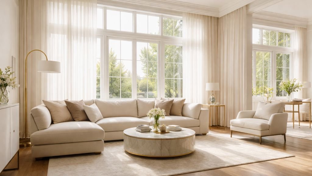 Light-colored furniture in a sunlit and airy living space