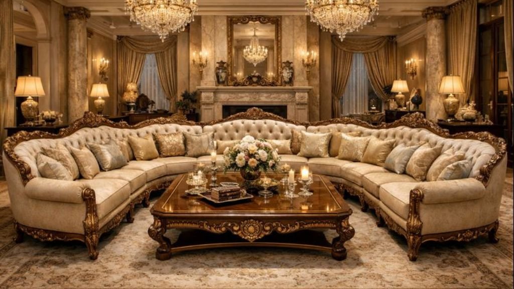 Luxury beige seating with gold carvings in a royal classic living room interior