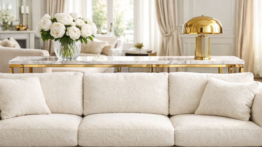 High-end white boucle sofa arrangement with premium marble console and gold decor

