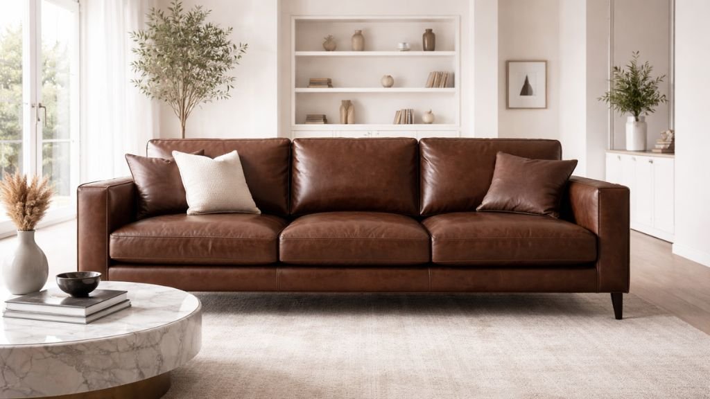 Professional chocolate brown leather sofa in a bright modern living room