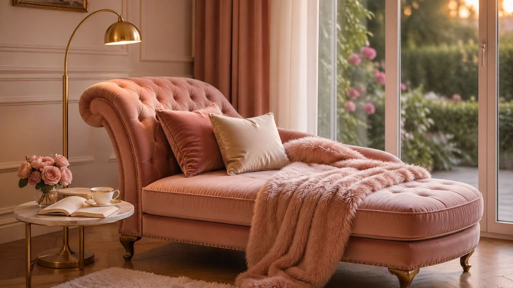 Luxury blush pink chaise lounge in a cozy reading corner with gold lamp